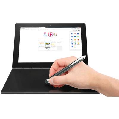 Ein Tablet-Laptop mit Touchscreen, auf dem eine Hand mit einem Stift malt, zeigt eine geöffnete Browser-Seite mit mehreren App-Symbolen.