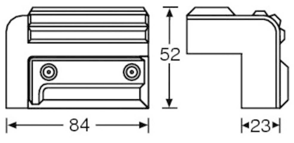 Technische Zeichnung eines Metallwinkels mit den Maßen: Breite 84 mm, Höhe 52 mm, Tiefe 23 mm. Schraubenlöcher sichtbar.