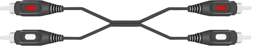 Zwei schwarze Audiokabel mit je zwei Steckern, verbunden durch einen mittleren Abschnitt; rote Markierungen an den Steckern.
