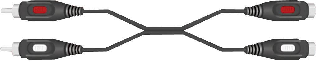 Abbildung zeigt ein Audio-Splitter-Kabel mit zwei männlichen und zwei weiblichen Cinch-Steckern, geeignet für Stereo-Verbindungen.