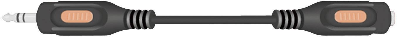 Schwarzes Audiokabel mit orangen Details, Stereo-Stecker an beiden Enden. Verwendung zum Anschluss von Audiogeräten.