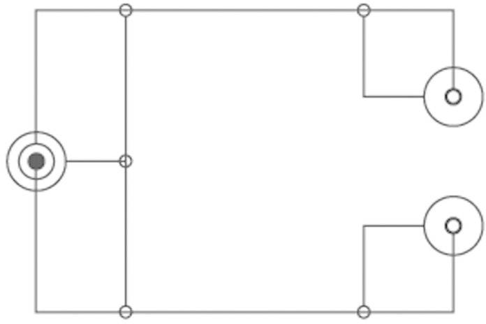 Ein einfacher elektrischer Schaltplan mit vier verbundenen Kreisen, die verschiedene Komponenten und ihre Verbindungen darstellen.