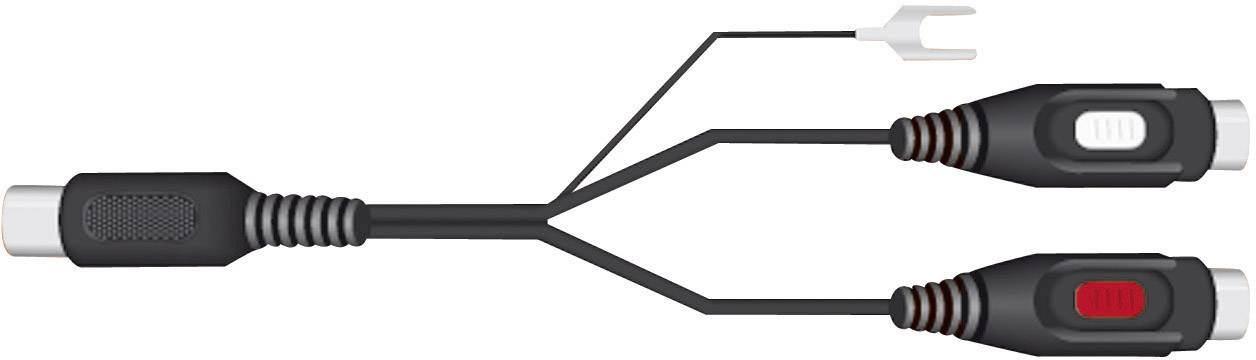 'Audio-Adapterkabel: Eine Mini-DIN-Buchse wird auf zwei RCA-Stecker aufgeteilt, mit einem zusätzlichen Draht mit einem Gabelkabelschuh.'