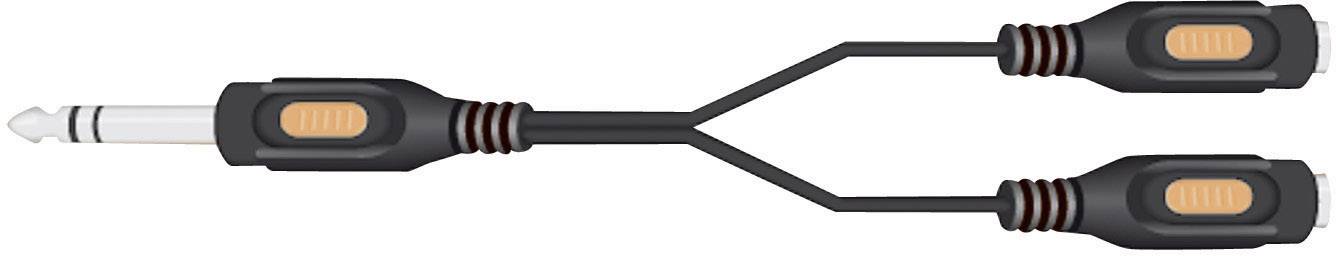 Ein Audio-Splitterkabel mit einem einzelnen Stecker auf der einen Seite und zwei Buchsen auf der anderen, zum Verteilen von Audio.
