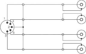 Schaltplan mit fünf Anschlüssen links und vier Komponenten rechts, verbunden durch Leitungen. Beschreibung zeigt eine komplexe Verdrahtung.