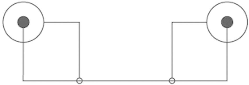Ein einfacher elektronischer Stromkreis mit zwei Schaltern und zwei Leuchten, in Reihe geschaltet.