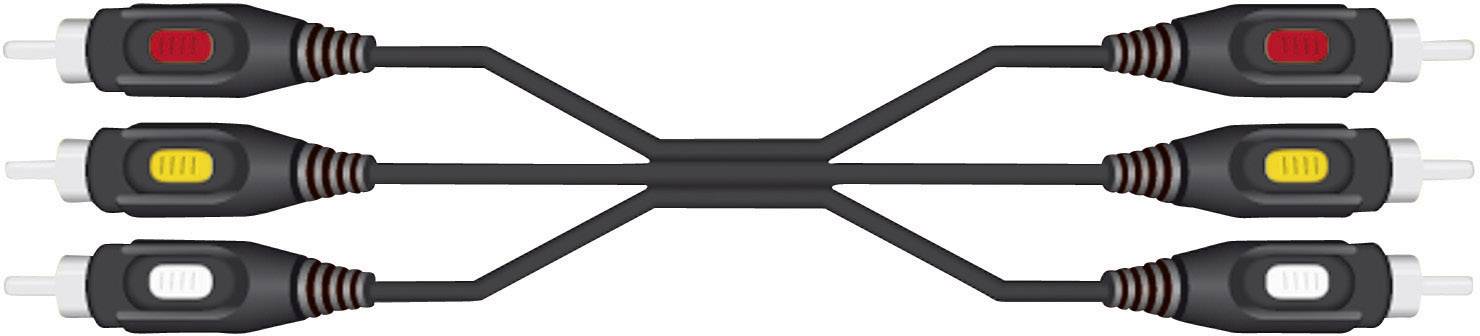 Drei Paar koaxiale Audiokabel in den Farben Rot, Weiß und Gelb für den Anschluss von Audio- und Videogeräten.