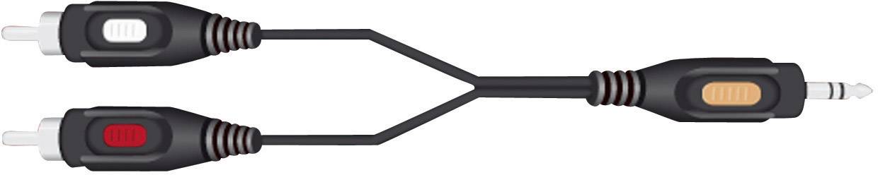 Ein Y-Kabel mit einem 3,5-mm-Klinkenstecker und zwei Cinch-Steckern (rot/weiß) zur Audioverbindung.