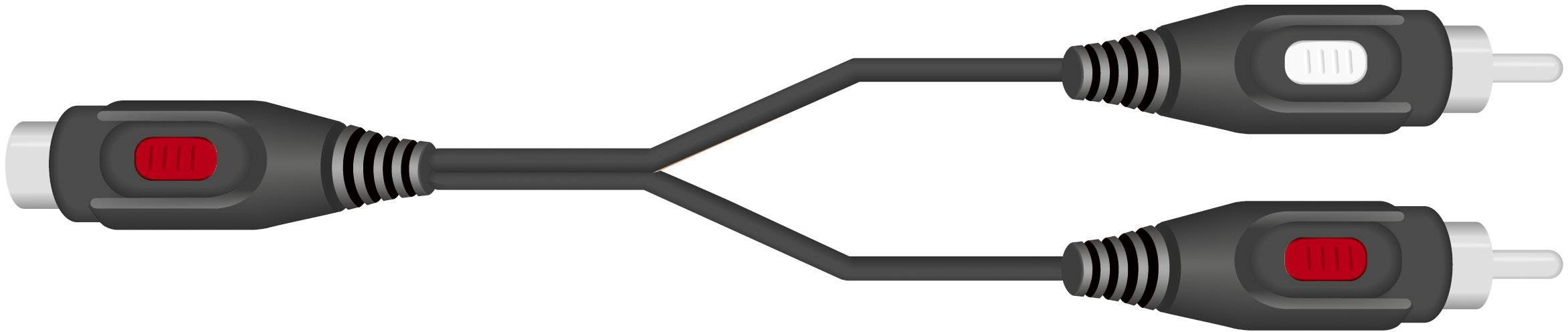 'Audio Y-Kabel': Ein einzelner Stecker teilt sich in zwei identische Stecker. Alle Stecker sind schwarz mit einem roten Element.