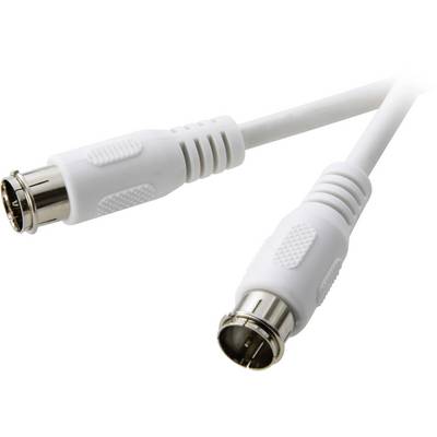 Ein weißer Koaxialstecker, bestehend aus einem männlichen und einem weiblichen Anschluss, verbunden durch ein weißes Kabel.