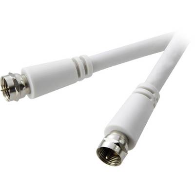 Ein weißes Koaxialkabel mit zwei F-Steckern an den Enden, geeignet für den Anschluss von Satellitenempfängern oder Fernsehern.