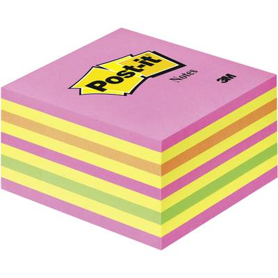 Ein Stapel von mehrfarbigen Post-it-Notizzetteln, bestehend aus pinken, gelben und grünen Blättern. Markenlogo 'Post-it' auf der Oberseite.