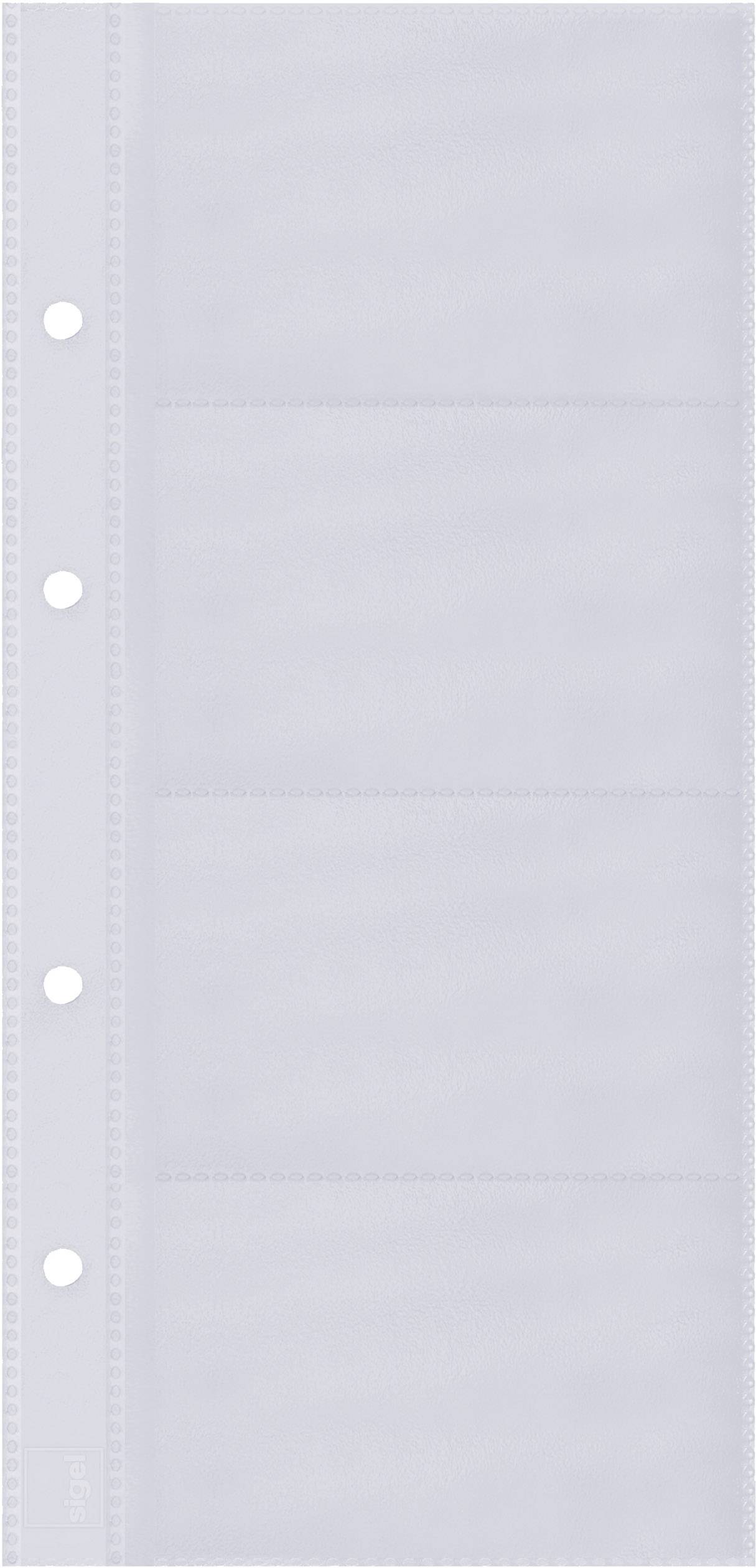Durchsichtige Plastikhülle mit vier horizontalen Fächern und Löchern an der linken Seite zum Abheften in einem Ordner.