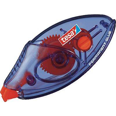Ein transparenter Kleberoller von 'tesa', beschriftet mit 'Permanent Glue', im blauen Gehäuse, sichtbar sind die Mechanik und Zahnräder.