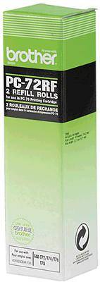 Eine grüne Schachtel mit der Aufschrift 'Brother PC-72RF 2 Refill Rolls' für Faxgerät-Tintennachfüllungen.