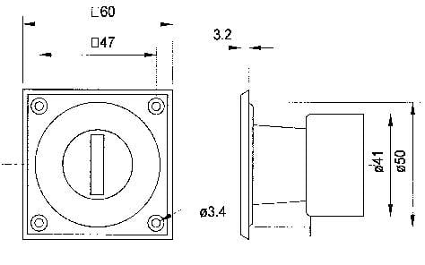 Technische Zeichnung einer quadratischen Schaltfläche mit Drehmechanismus. Maße: 60 mm x 47 mm, Tiefe 50 mm. Schraubenlöcher mit Ø 3,4 mm.