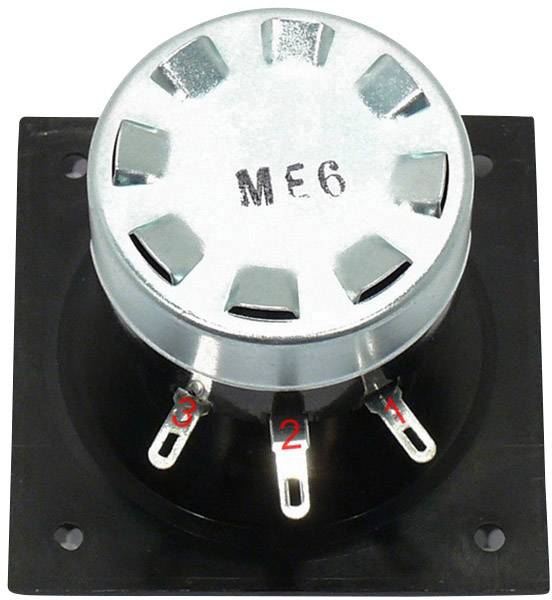 Metallischer Drehschalter mit drei nummerierten Anschlüssen, gekennzeichnet mit 'ME6'. Montageplatte sichtbar.