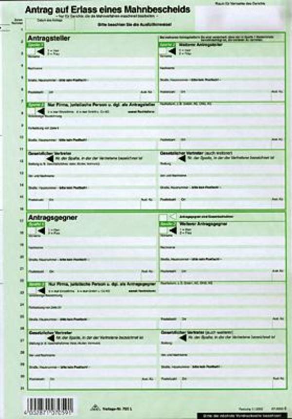 Vordruck Mahnbescheid EDV neutral VE=10 Stück