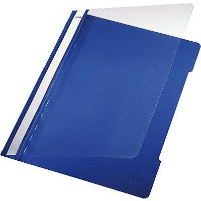 Blaue Kunststoff-Sichtmappe mit transparentem Deckel und weißem Streifen an der Seite zum Einlegen von Dokumenten.