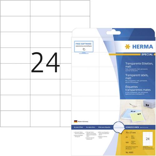Herma 4685 Folien-Etiketten 70 x 37 mm Polyester-Folie Transparent 600 St. Permanent haftend Farblaserdrucker, Laserdruc...