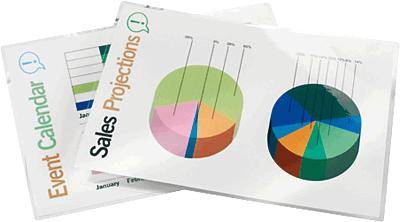 Drei Grafiken übereinander: Eine zeigt den 'Event Calendar', eine andere 'Sales Projections' mit zwei Kreisdiagrammen in verschiedenen Farben.