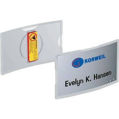 Zwei Türschilder mit dem Text 'Evelyn K. Hansen' und dem Logo von Korweil. Eines zeigt eine gelbe Warnungsetikette auf der Rückseite.