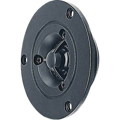 Ein schwarzer, runder Hochtöner mit vier Befestigungslöchern und zentraler Kuppel, zur Verwendung in Audiosystemen.