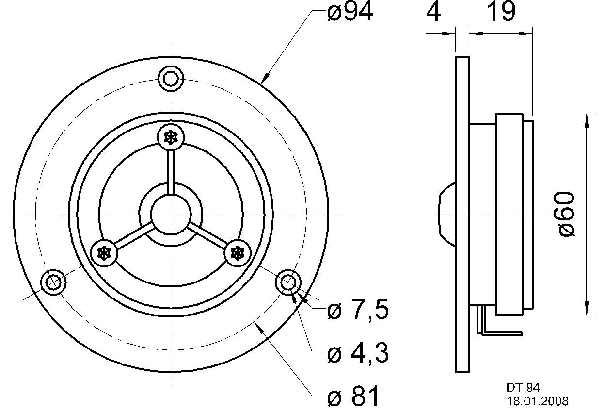 Technische Zeichnung eines runden Bauteils mit zwei Ansichten: Vorderansicht und Seitenansicht. Maße Ø94, Ø60, Ø81, Ø7,5, Ø4,3, 4, 19 mm.