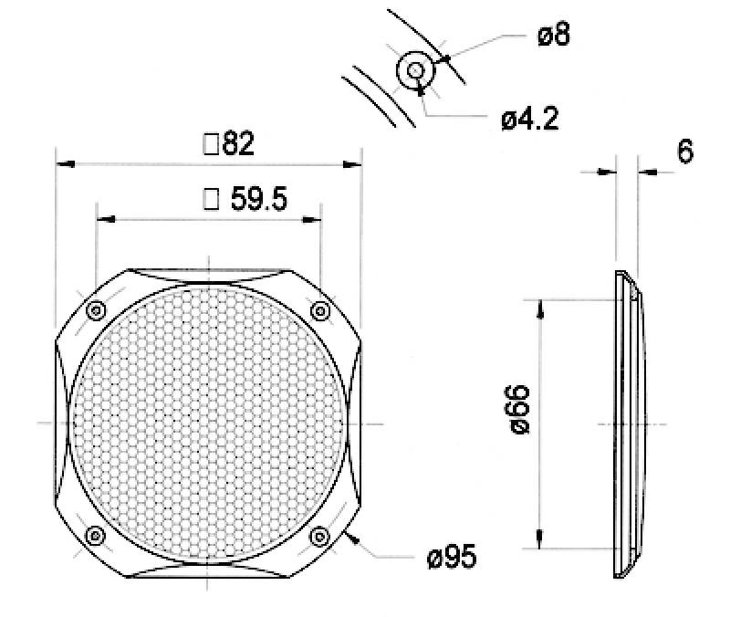 Technische Zeichnung eines runden Metallgitters mit einem Durchmesser von 95 mm, seitlicher Profilansicht und Bohrungsmaßen.