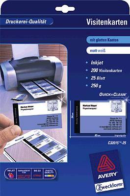 Verpackung für Avery Zweckform Visitenkarten, geeignet für Inkjet-Drucker, matt, 200 Karten, 25 Blatt, 250 g, mit glatten Kanten.