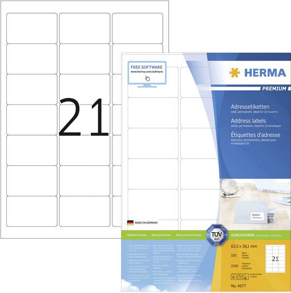 Herma 4677 Universal-Etiketten 63.5 x 38.1 mm Papier Weiß 2100 St. Permanent haftend Tintenstrahldrucker, Laserdrucker, Farblaserdrucker, Kopierer, Farbkopierer, Handbeschriftung