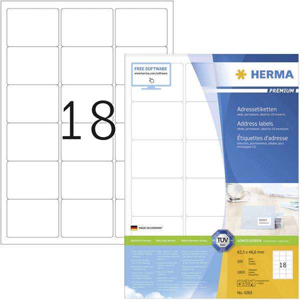 Herma 4265 Adress-Etiketten 63.5 x 46.6 mm Papier Weiß 1800 St. Permanent haftend Tintenstrahldrucker, Laserdrucker, Farblaserdrucker, Kopierer, Farbkopierer, Handbeschriftung