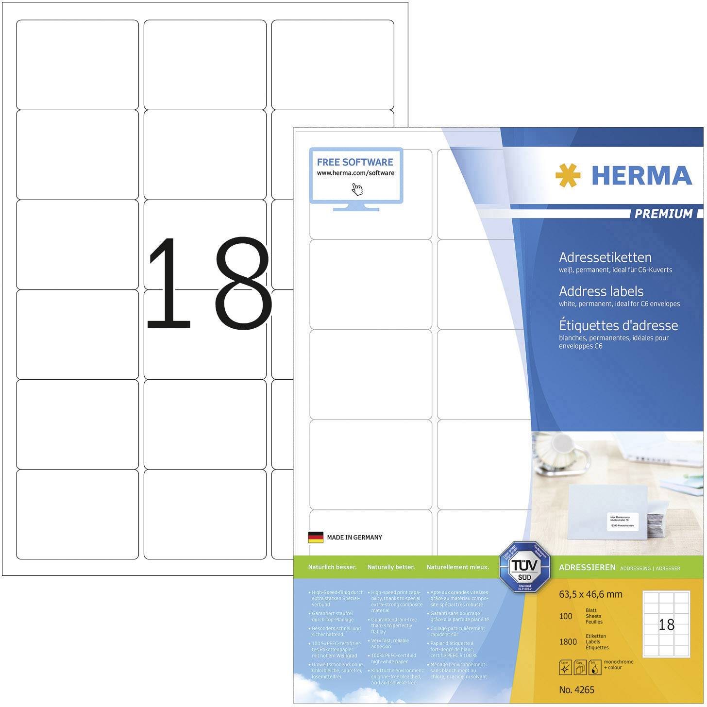 Herma 4265 Adress-Etiketten 63.5 x 46.6 mm Papier Weiß 1800 St. Permanent haftend Tintenstrahldrucker, Laserdrucker, Far-0