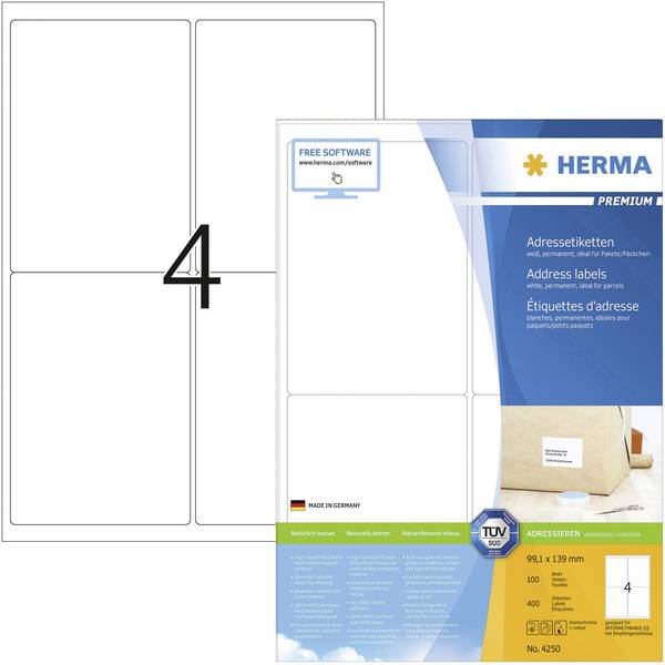 Herma 4250 Adress-Etiketten 99.1 x 139 mm Papier Weiß 400 St. Permanent haftend Tintenstrahldrucker, Laserdrucker, Farblaserdrucker, Kopierer, Farbkopierer, Handbeschriftung