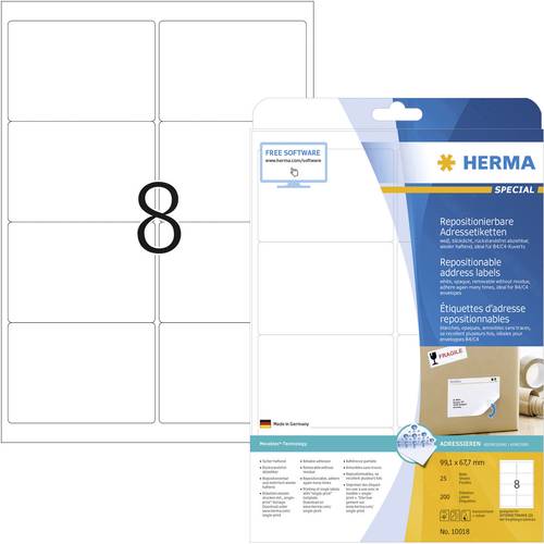Herma 10018 Adress-Etiketten 99.1 x 67.7 mm Papier Weiß 200 St. Wiederablösbar Tintenstrahldrucker, Laserdrucker, Farbla...