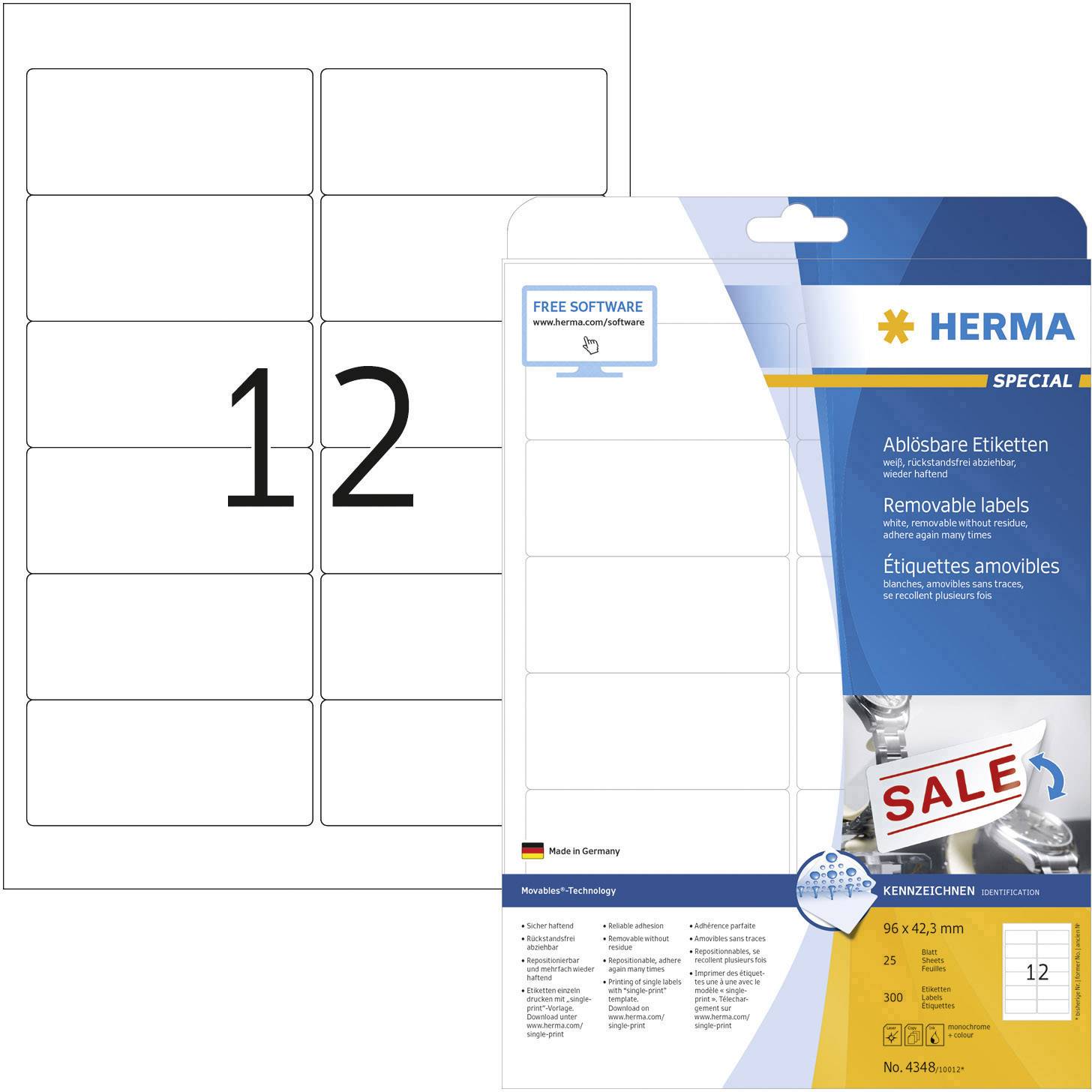 Herma 4348 etikety 96 x 42.3 mm papír bílá 300 ks přemístitelné univerzální etikety inkoust, laser, kopie 25 Blatt A4