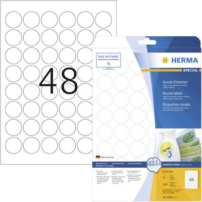 Herma 4387 Universal-Etiketten Ø 30 mm Papier Weiß 1200 St. Wiederablösbar Tintenstrahldrucker, Laserdrucker, Farblaserd