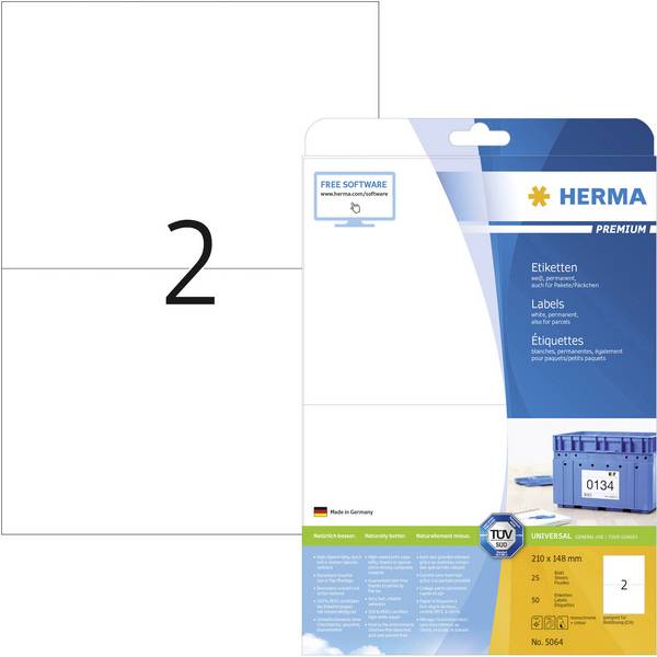 Herma 5064 Adress-Etiketten 210 x 148 mm Papier Weiß 50 St. Permanent haftend Tintenstrahldrucker, Laserdrucker, Farblaserdrucker, Kopierer, Farbkopierer, Handbeschriftung