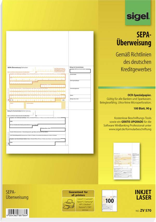 Sigel Überweisung Formular SEPA-Überweisung DIN A4 Anzahl der Blätter: 100 ZV570