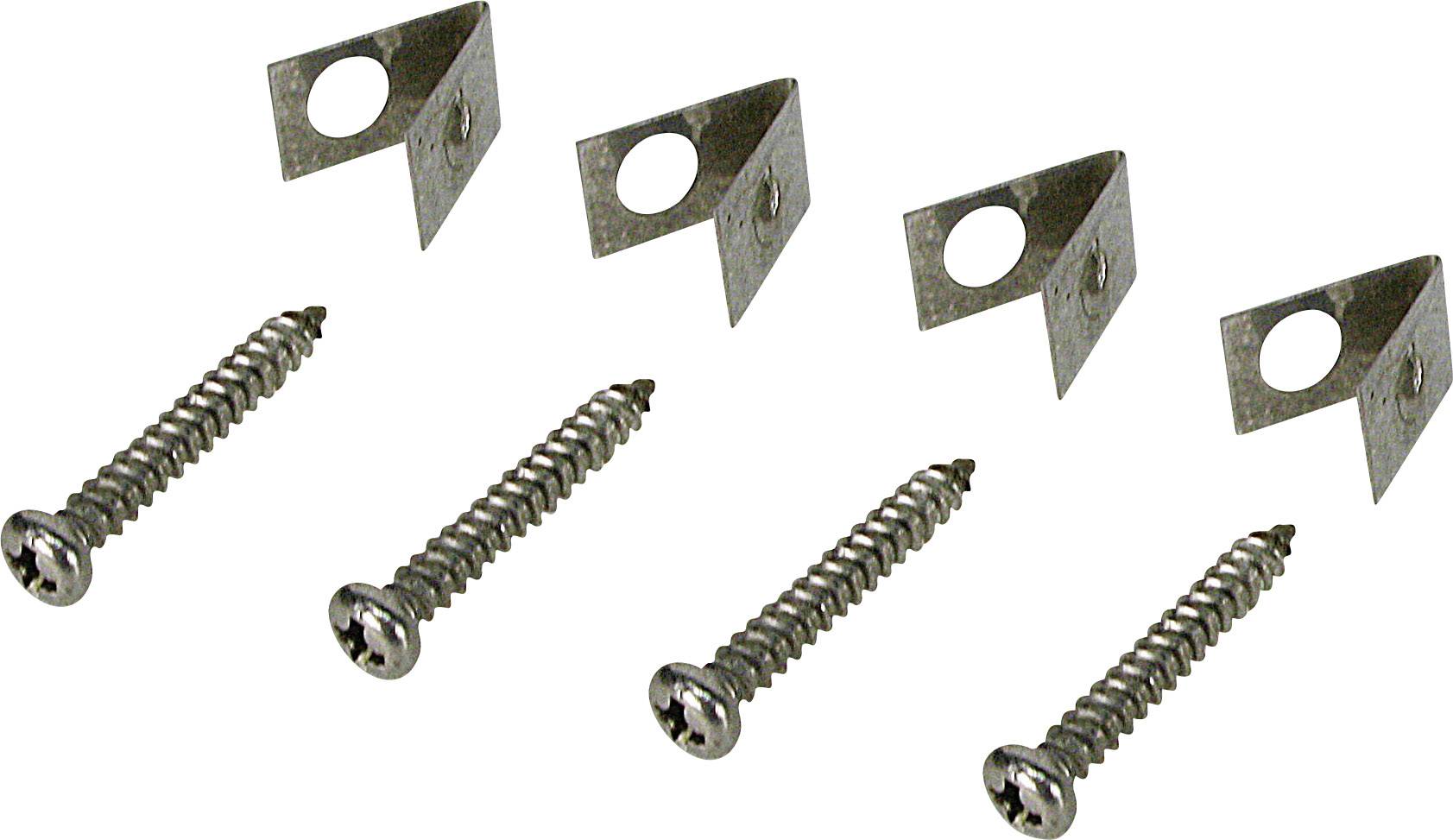 Fünf Metalleckwinkel und fünf Schrauben, die als Befestigungselemente für den Innenausbau oder Montage zweier Materialien verwendet werden.