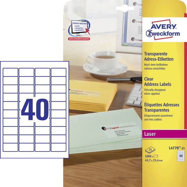 Avery-Zweckform L4770-25 Universal-Etiketten 45.7 x 25.4 mm Polyester-Folie Transparent 1000 St. Permanent haftend Tintenstrahldrucker, Laserdrucker, Farblaserdrucker, Kopierer, Farbkopierer, Handbeschriftung