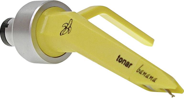 Gelber Tonabnehmer mit silbernem Anschluss, schwarzem Bananensymbol und Beschriftungen 'tonar' und 'banana'.