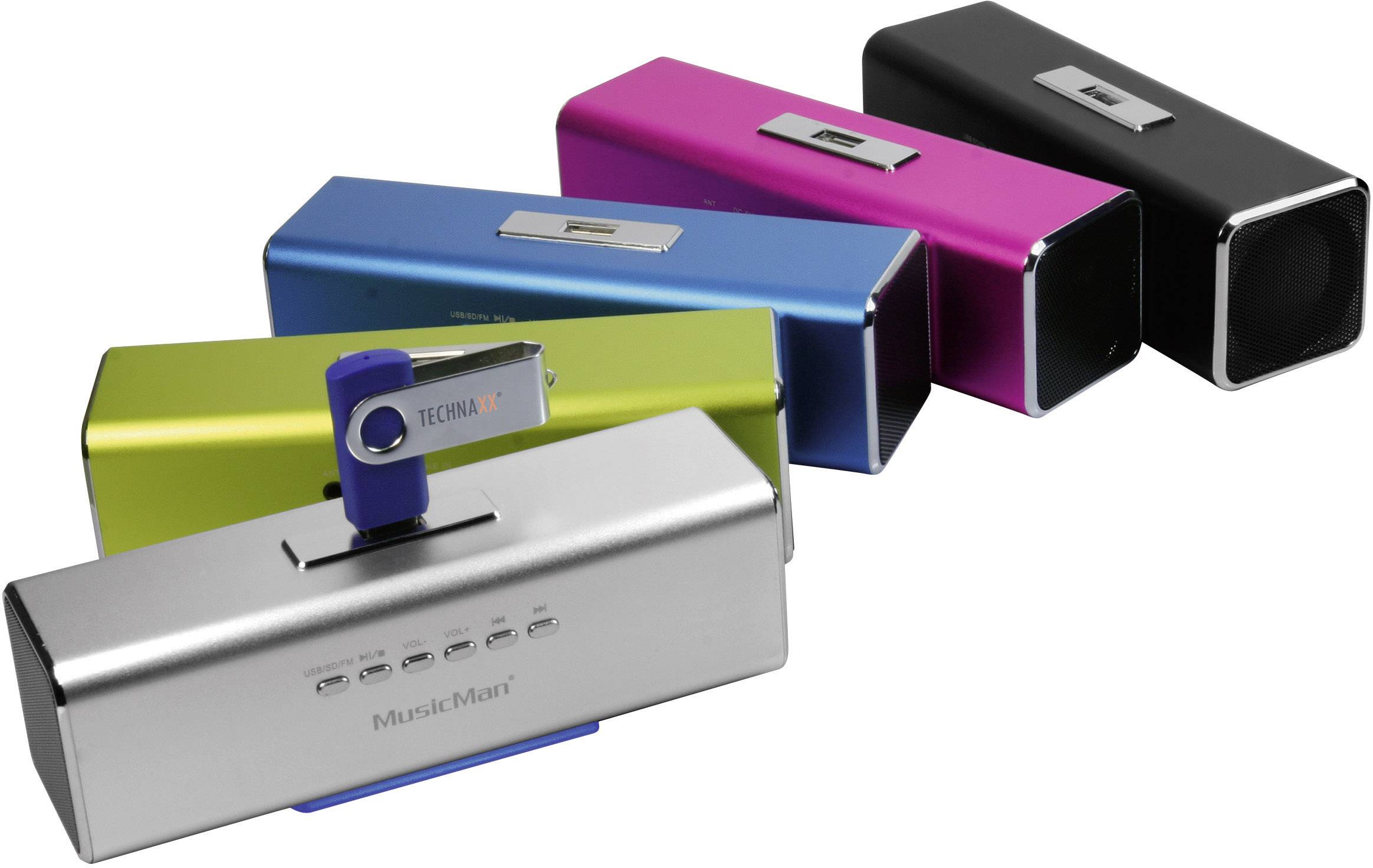 Fünf tragbare Lautsprecher in verschiedenen Farben (silber, grün, blau, pink, schwarz) mit USB-Stick, Markenname 'MusicMan'.