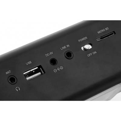 Anschlüsse auf einem Gerät: ANT, USB, DC-5V, LINE IN, POWER-Schalter und MICRO SD-Slot.