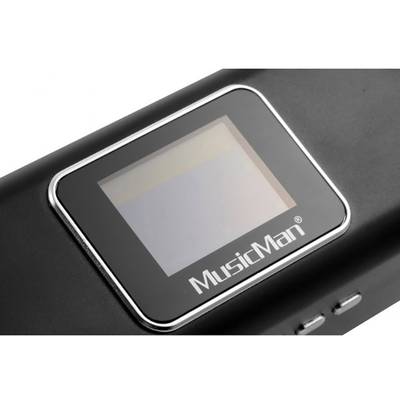 Elektronisches Gerät mit kleinem Display und 'MusicMan'-Logo darunter. Darunter befinden sich zwei seitliche Tasten.