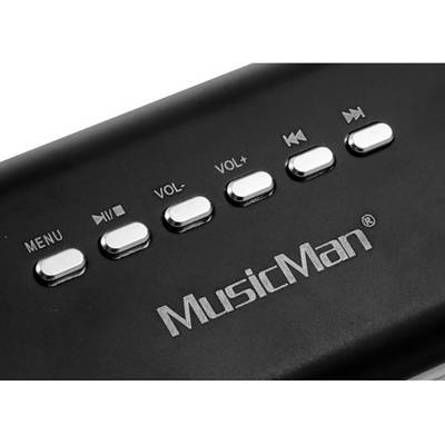 Schwarzer MusicMan-Lautsprecher mit Steuerungstasten: Menü, Wiedergabe/Pause, Leiser, Lauter, Zurück, Weiter.