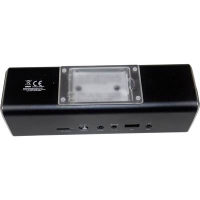 'Schwarzes Elektronikgerät von hinten mit mehreren Anschlüssen: SD-Kartensteckplatz, USB, Audio und Ladeanschluss. Oben durchsichtiges Fach.'