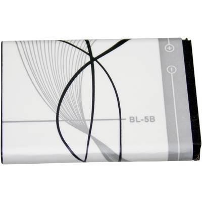 Eine rechteckige, weiße Batterie mit grauen und schwarzen Linienmustern, plus- und minus-Symbolen oben, Modellnummer 'BL-5B' seitlich.