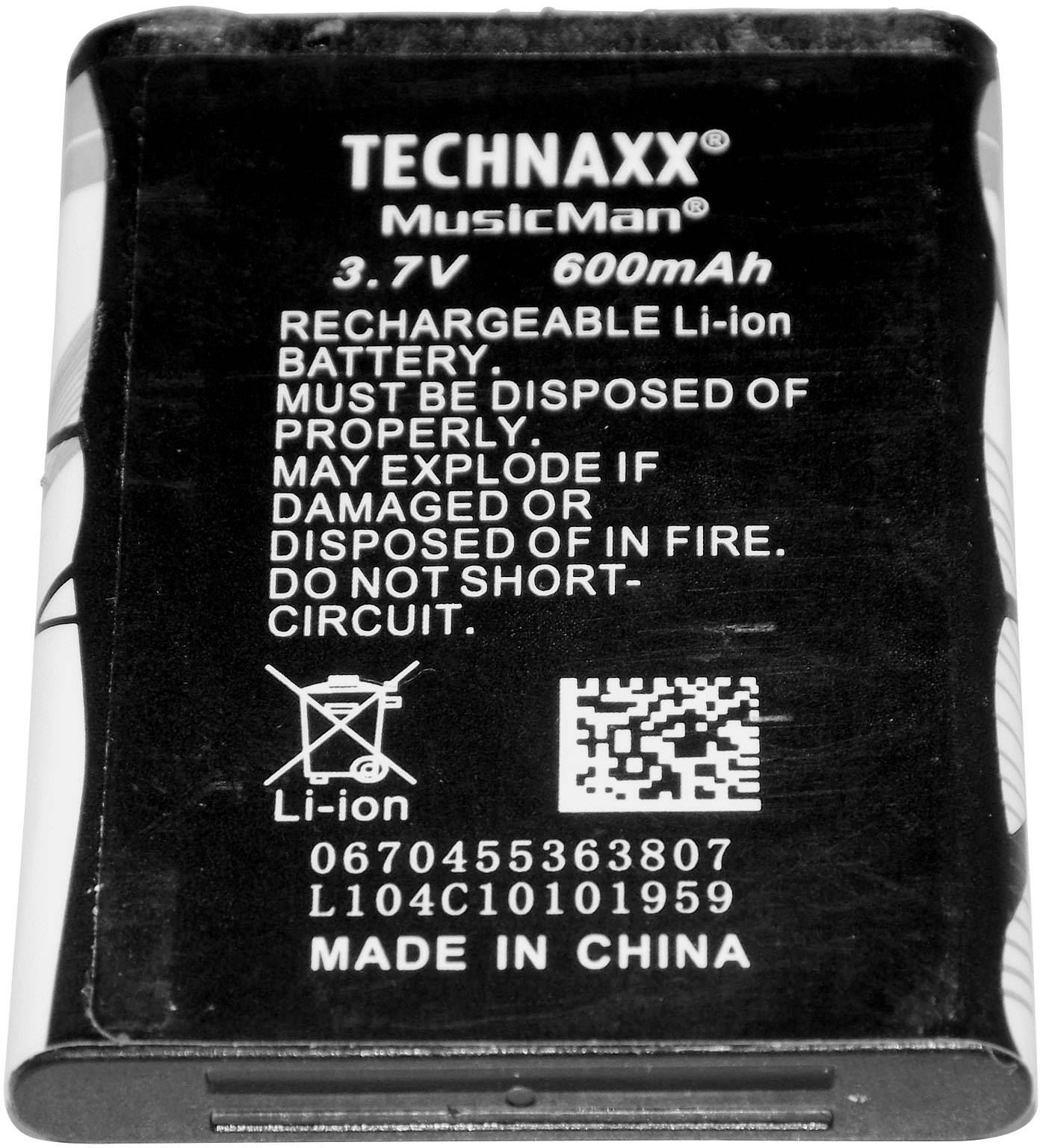 Wiederaufladbare Li-Ion-Batterie von Technaxx MusicMan, 3.7V, 600mAh. Warnhinweis: Nicht beschädigen oder kurzschließen. Hergestellt in China.