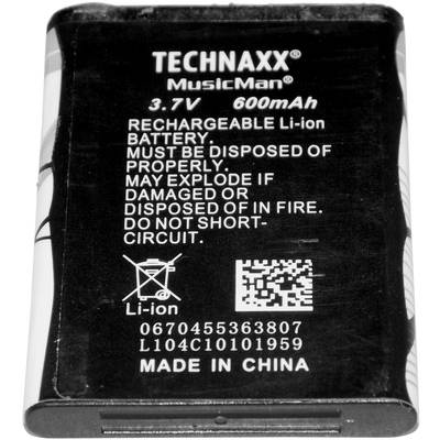 Wiederaufladbare Li-Ion-Batterie von Technaxx MusicMan, 3.7V, 600mAh. Warnhinweis: Nicht beschädigen oder kurzschließen. Hergestellt in China.